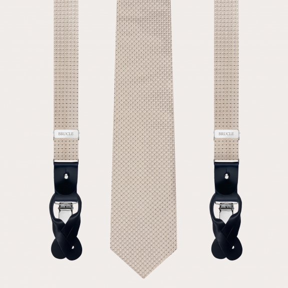 Matching suspenders and necktie in jacquard silk, ivory