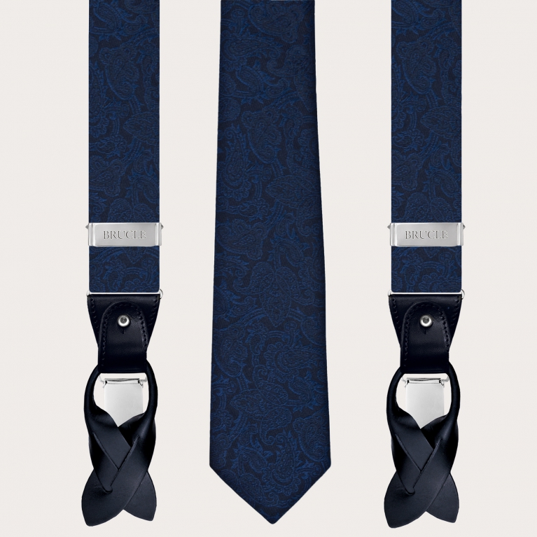 Silk suspenders and silk tie, blue paisley
