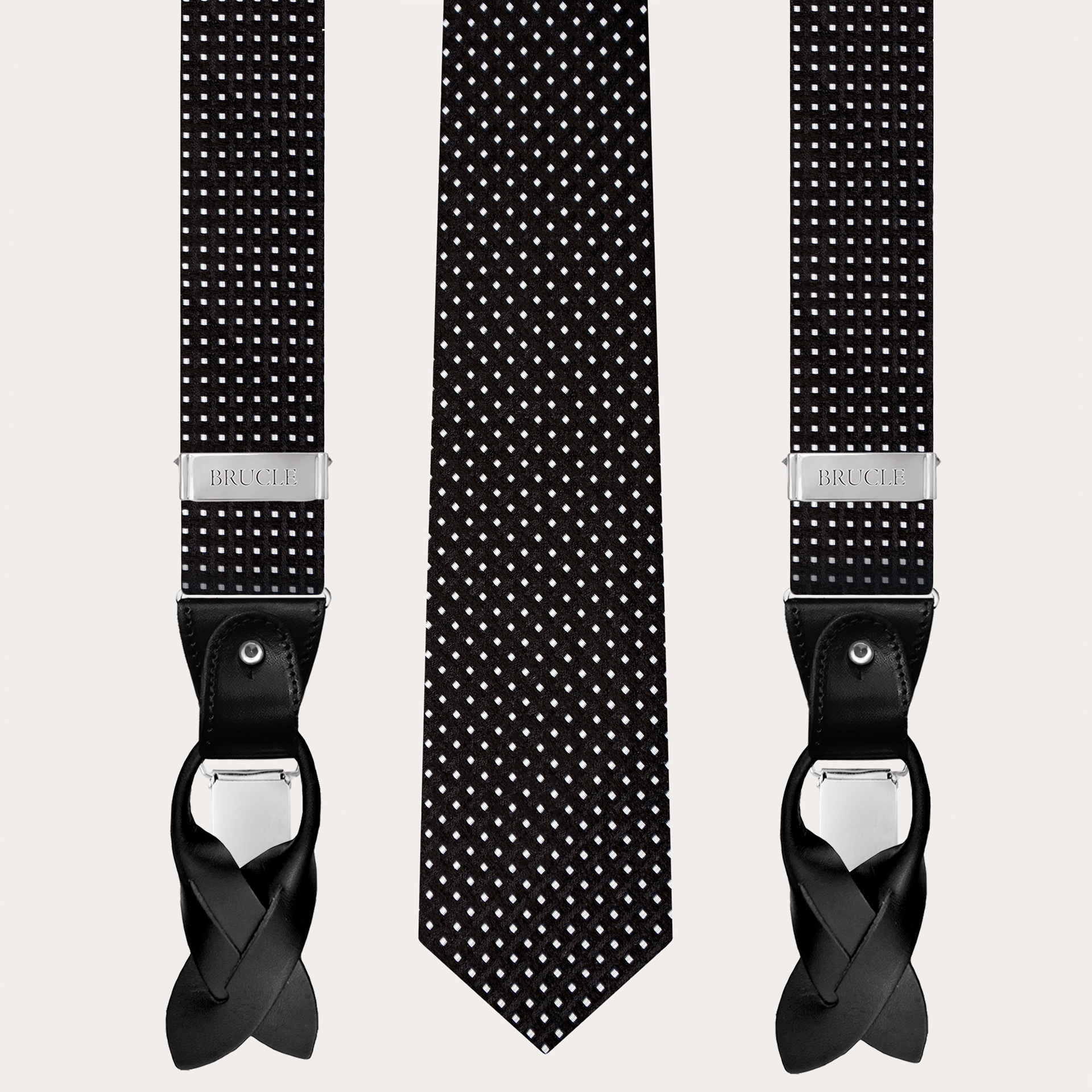 Bretelles et cravate coordonnées en soie, motif pois noir