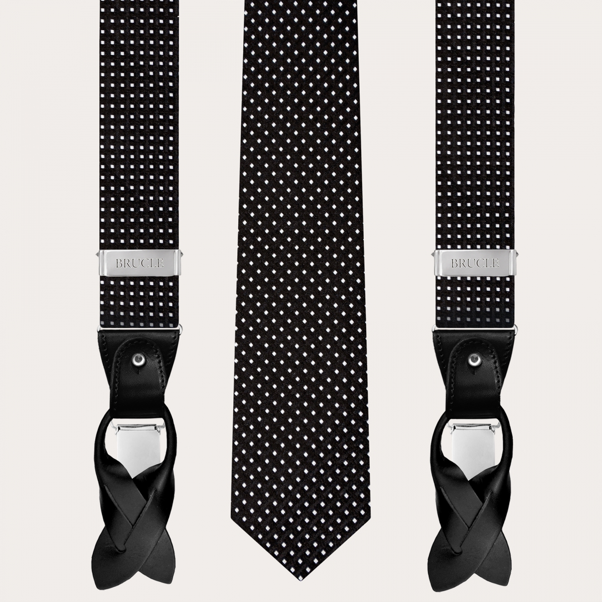 Coordinated suspenders and necktie in silk, black dotted pattern