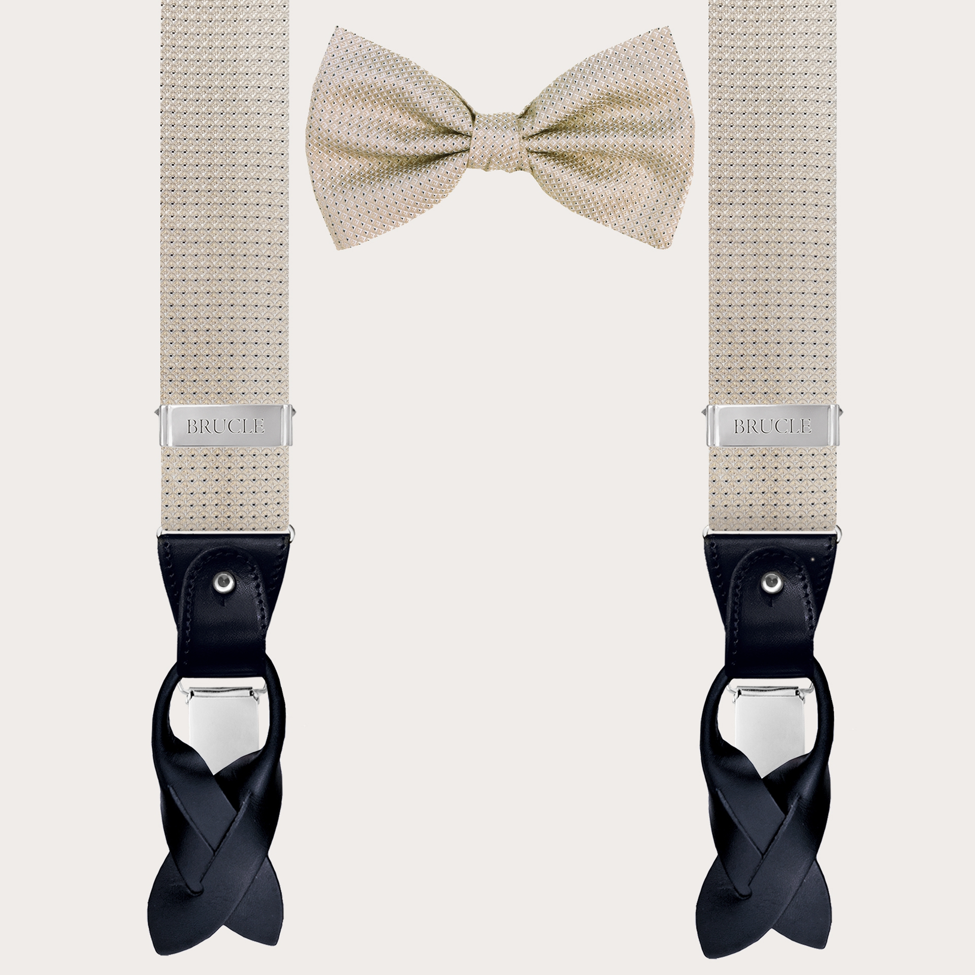 Matching suspenders and bow tie in silk, ivory jacquard