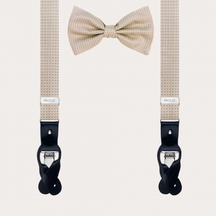 Matching skinny suspenders and bow tie in silk, ivory jacquard