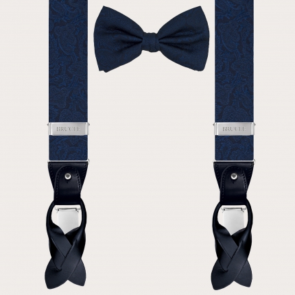 Silk suspenders and silk tie, pied de poule blue