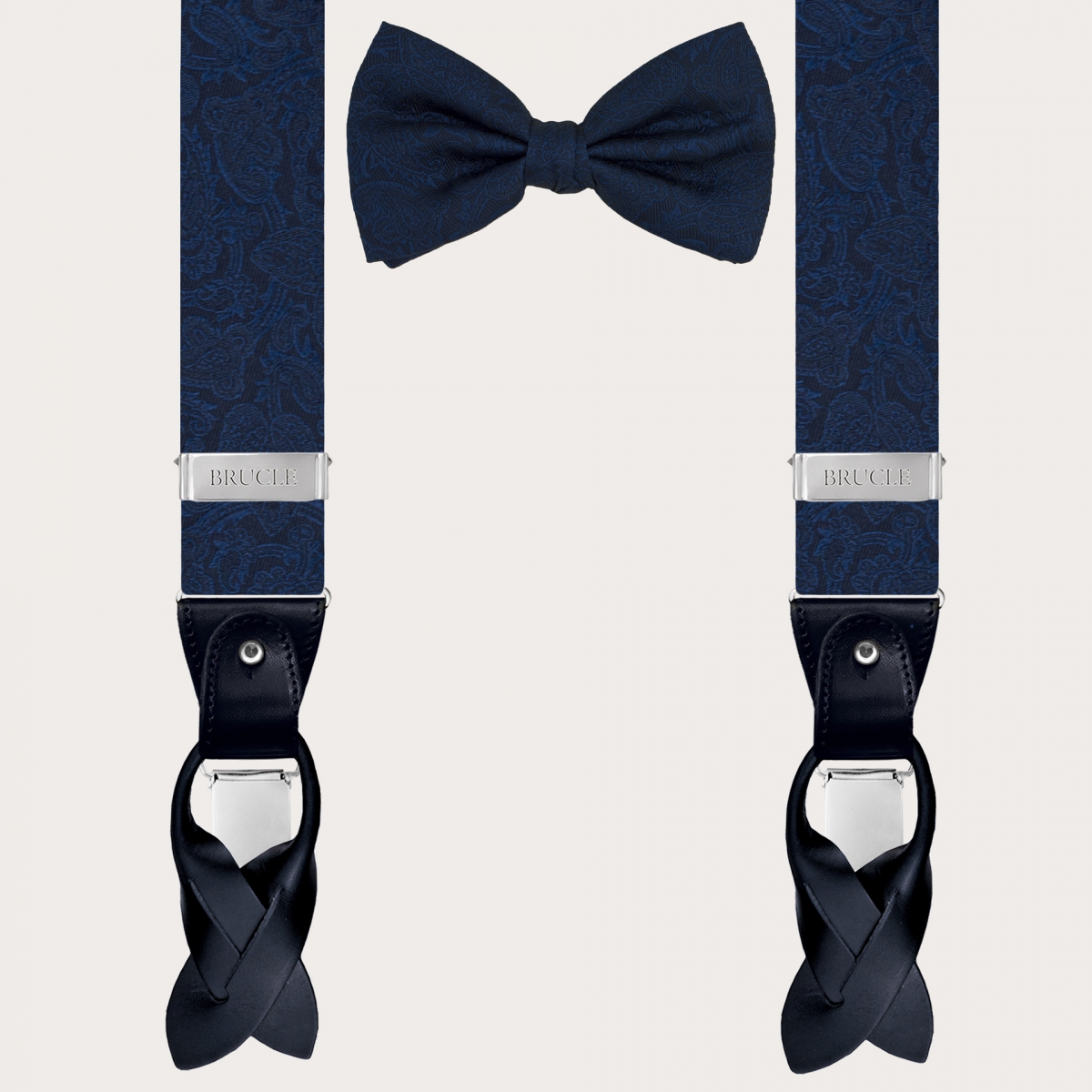 Bretelles et cravate en soie, pied de poule bleu