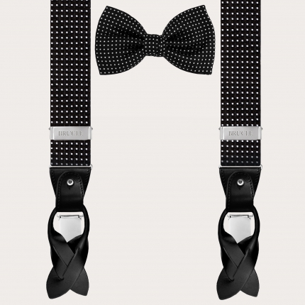 Coordinated suspenders and bowtie in silk, black dotted pattern