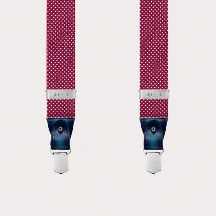 Bretelles en soie jacquard, motif géométrique rouge et bleu