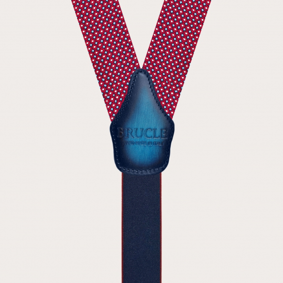 BRUCLE Bretelles en soie jacquard, motif géométrique rouge et bleu