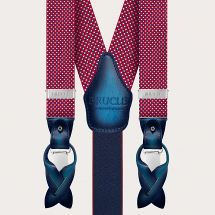 Bretelles en soie jacquard, motif géométrique rouge et bleu