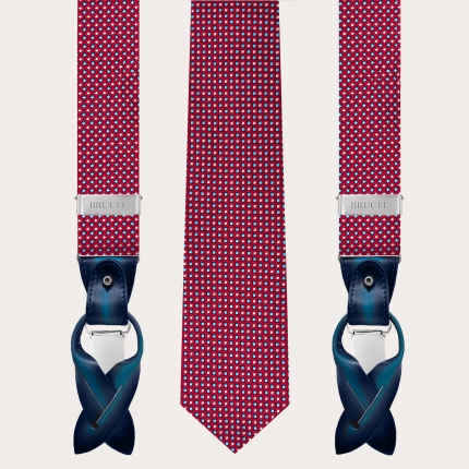 Bretelles et cravate coordonnées en soie, motif rouge avec des micro-dessins