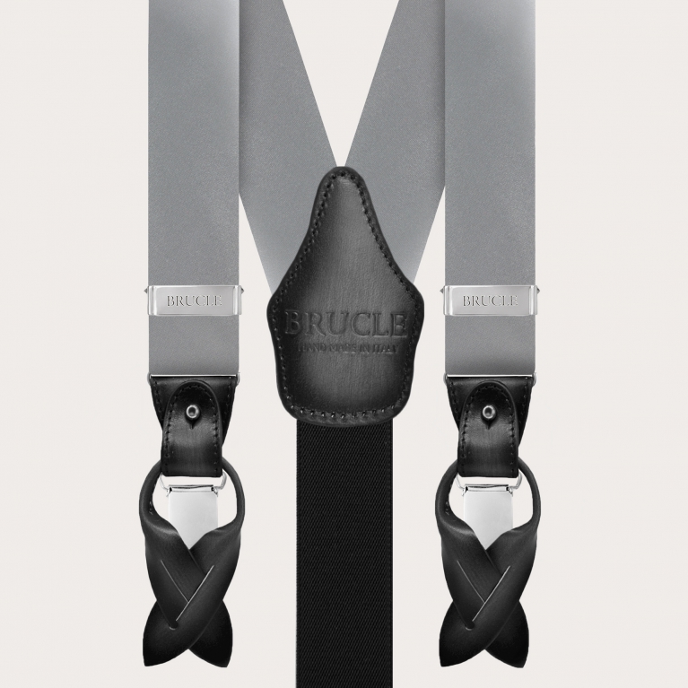 Formal Y-shape tubular silk suspenders, grey