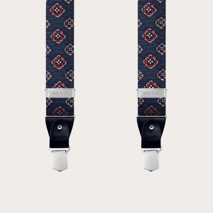 Blue floral and geometric patterned silk and cotton suspenders