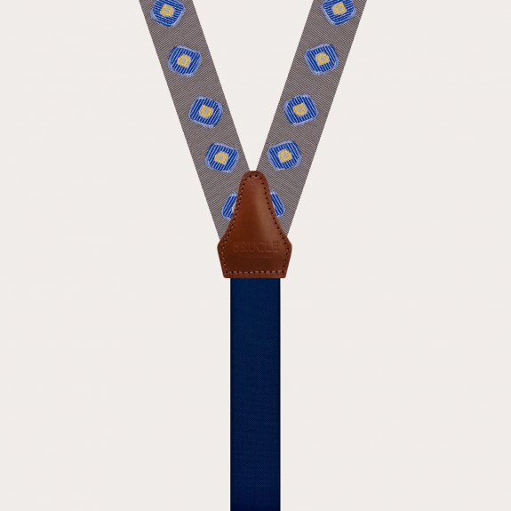 Silk skinny suspenders with geometric pattern, dove gray