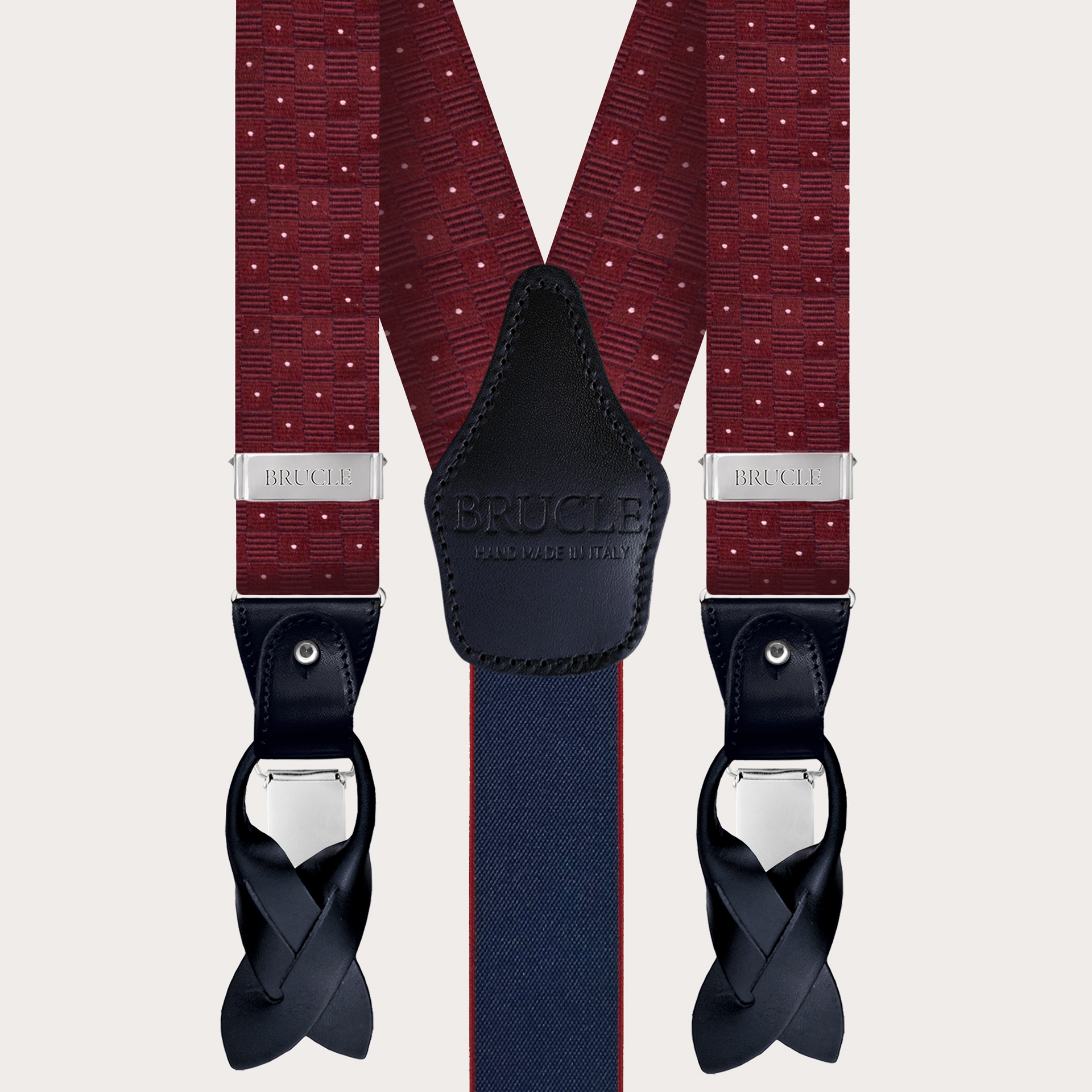Formal fabric silk suspenders, pattern dotted burgundy