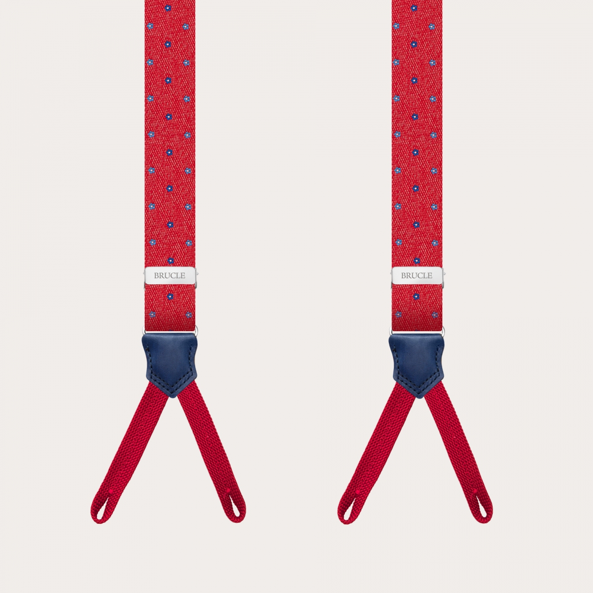 Formal skinny Y-shape suspenders with braid runners, red with floral pattern