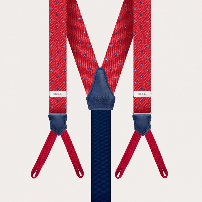 Formal skinny Y-shape suspenders with braid runners, red with floral pattern