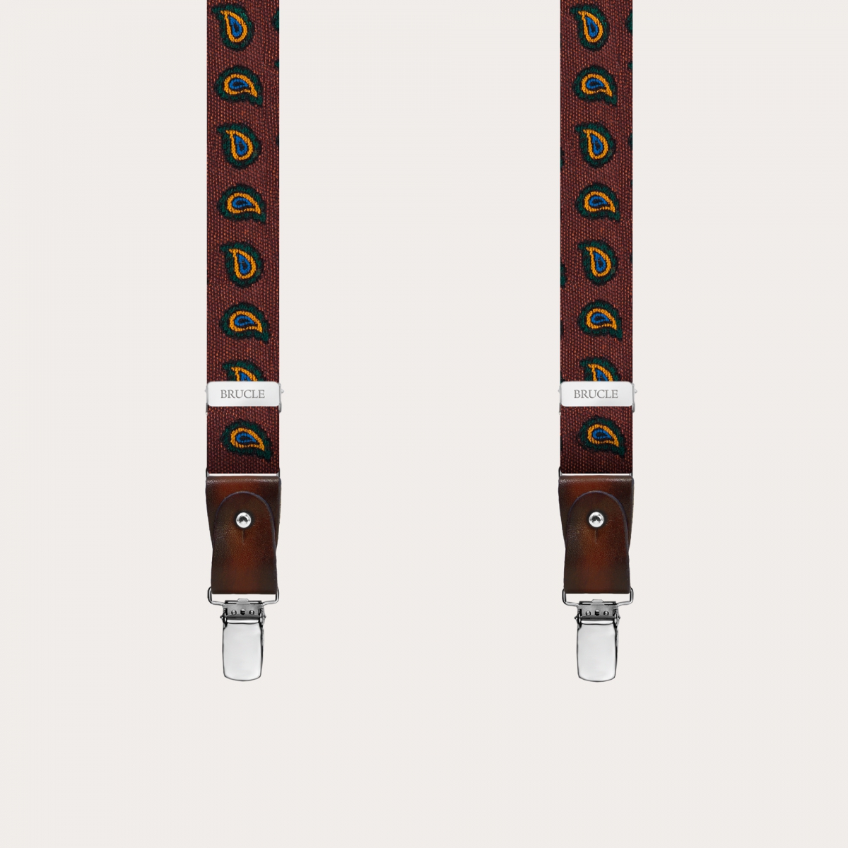 Bretelles fines en soie et coton avec motif paisley brun