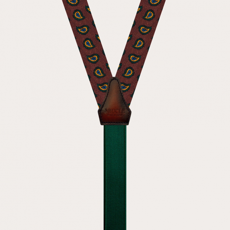 Formal Y-shape fabric skinny suspenders in silk and cotton, paisley