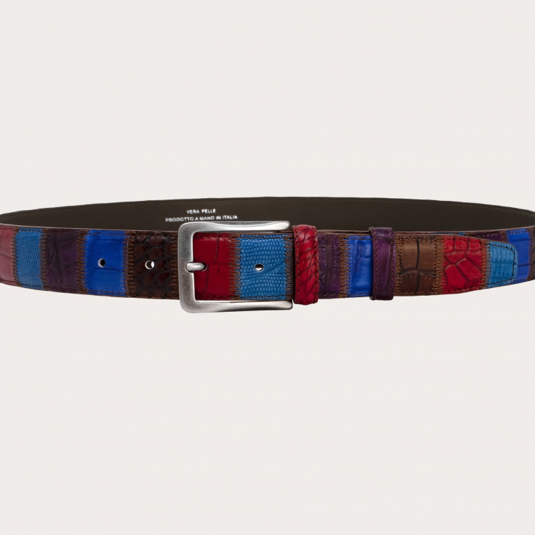 Elegant nickel free patchwork belt in printed leather, multicolor