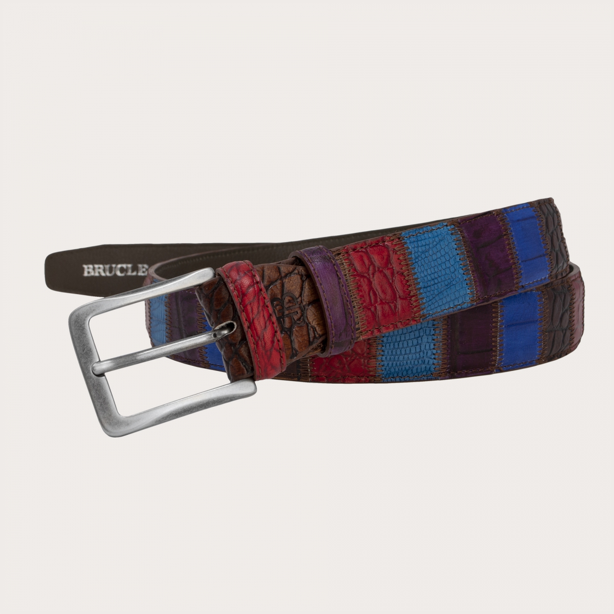 BRUCLE Cinturón elegante patchwork sin níquel coloreado a mano azul marrón