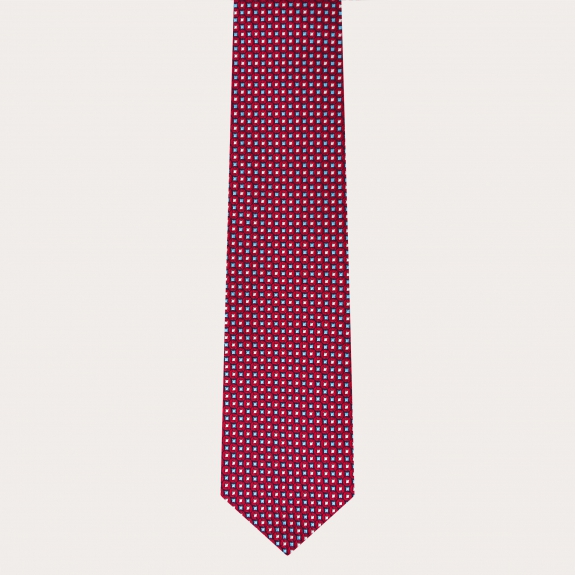 Coordinated suspenders and necktie in silk, red pattern with micro-designs