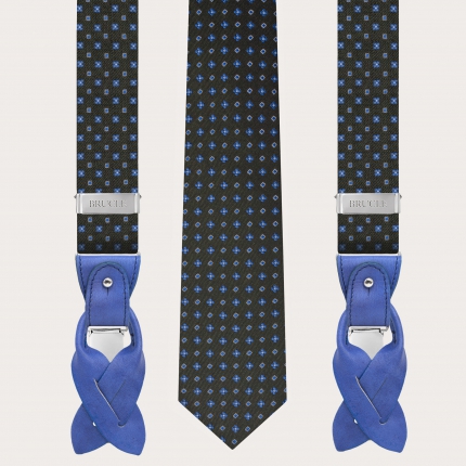 Coordinated suspenders and necktie Green floral and geometric patterned silk and cotton