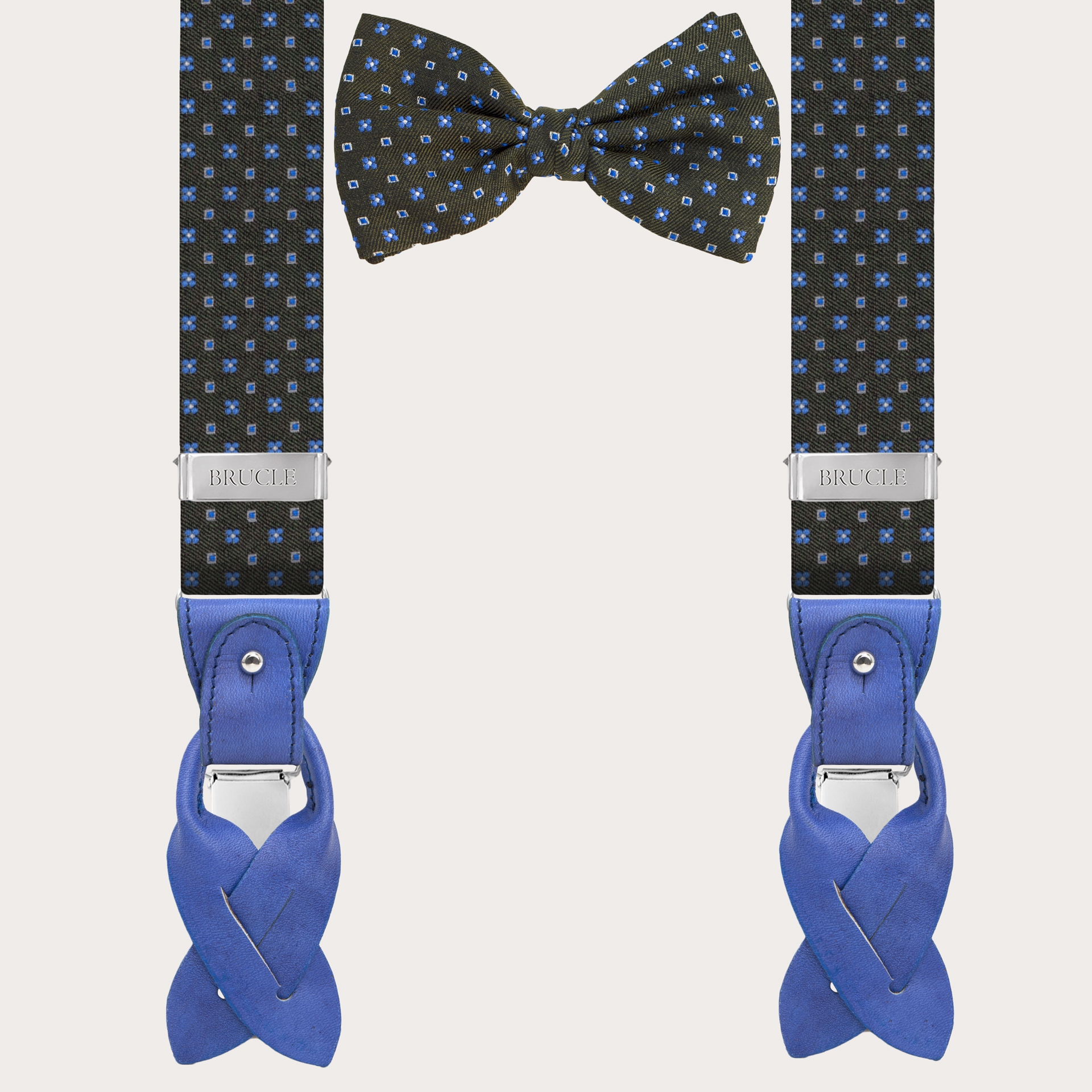 Coordinated suspenders and bowtie in silk, green and white pattern