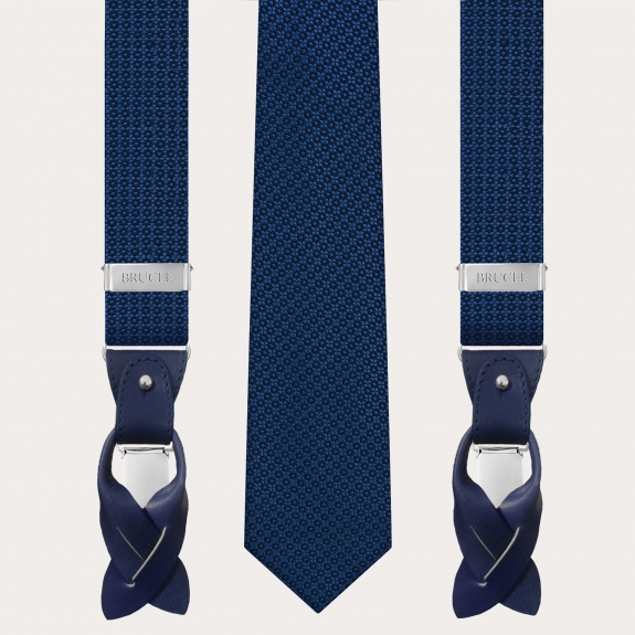 Coordinated suspenders and necktie in silk, abstract floral pattern