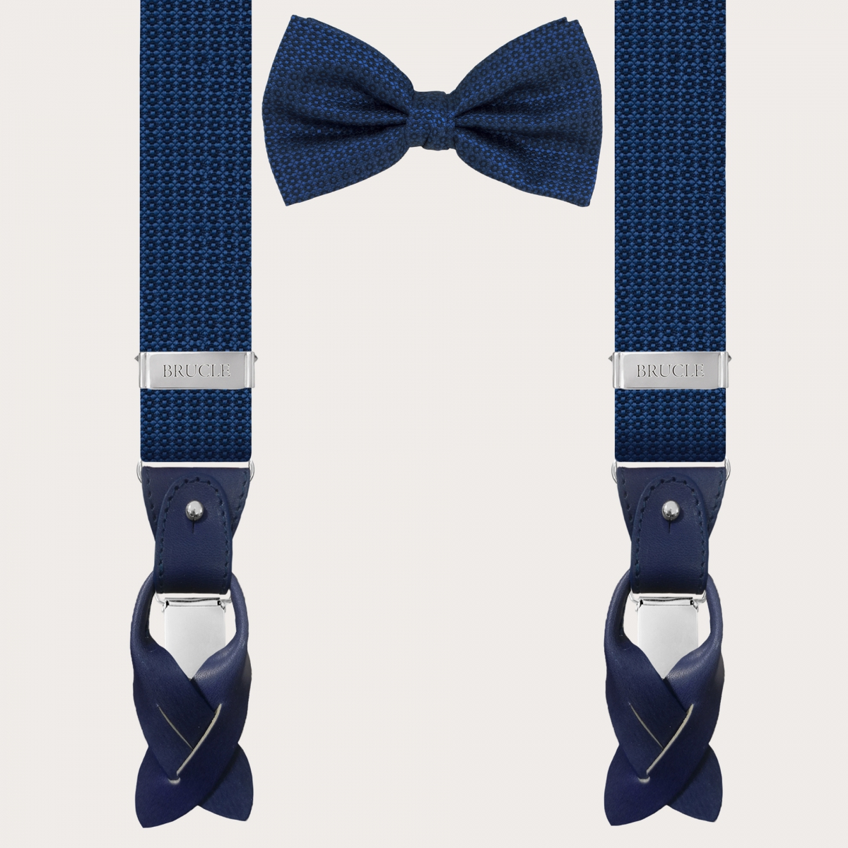 Coordinated suspenders and bowtie in silk, abstract floral pattern