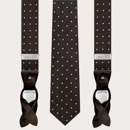 Bretelles et cravate coordonnées en soie brun foncé à pois