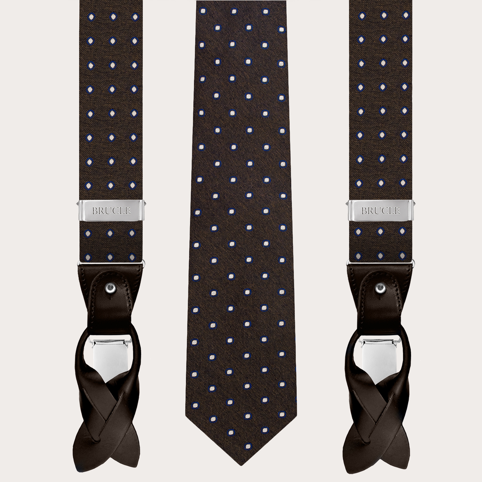 Bretelles et cravate coordonnées en soie marron à pois