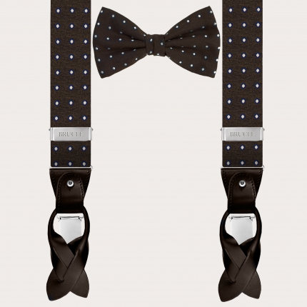 Coordinated suspenders and bowtie in silk, brown with white polka dots