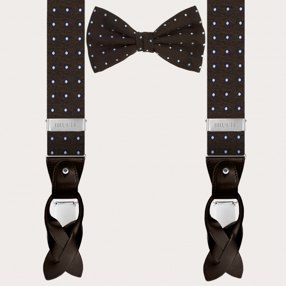 Coordinated suspenders and bowtie in silk, brown with white polka dots