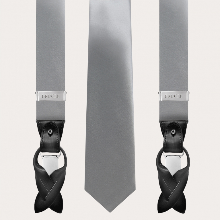 Bretelles et cravate coordonnées en satin de soie, gris