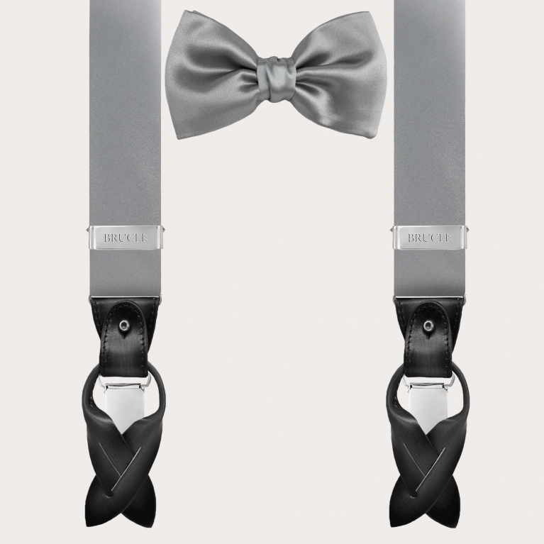 Coordinated suspenders and bow tie in satin silk, grey