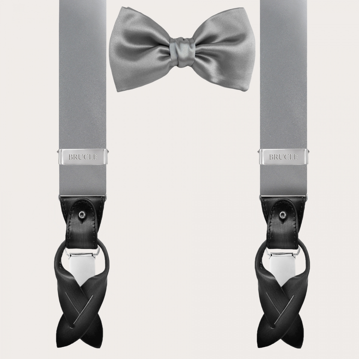 braces suspenders and bow tie satin silk grey