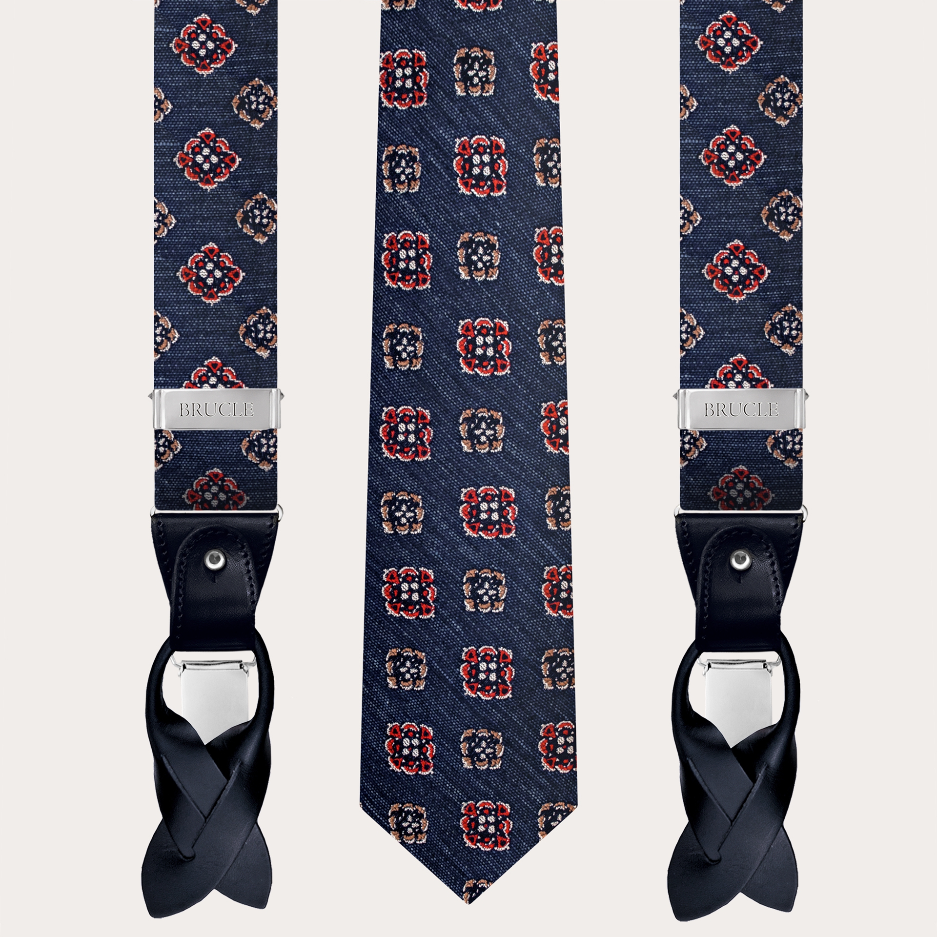 Tirantes y corbata coordinados en seda, estampado floral abstracto