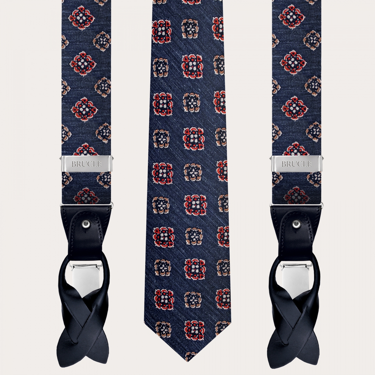 Bretelle e cravatta coordinate in seta e cotone, blu denim con fiori