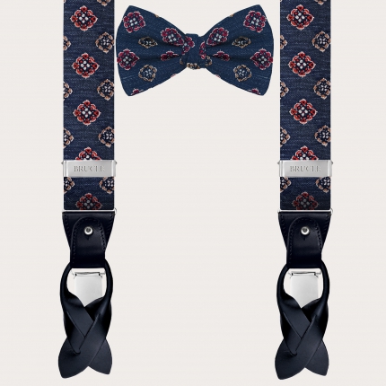 Coordinated suspenders and bow tie in silk and cotton, blue denim floral pattern