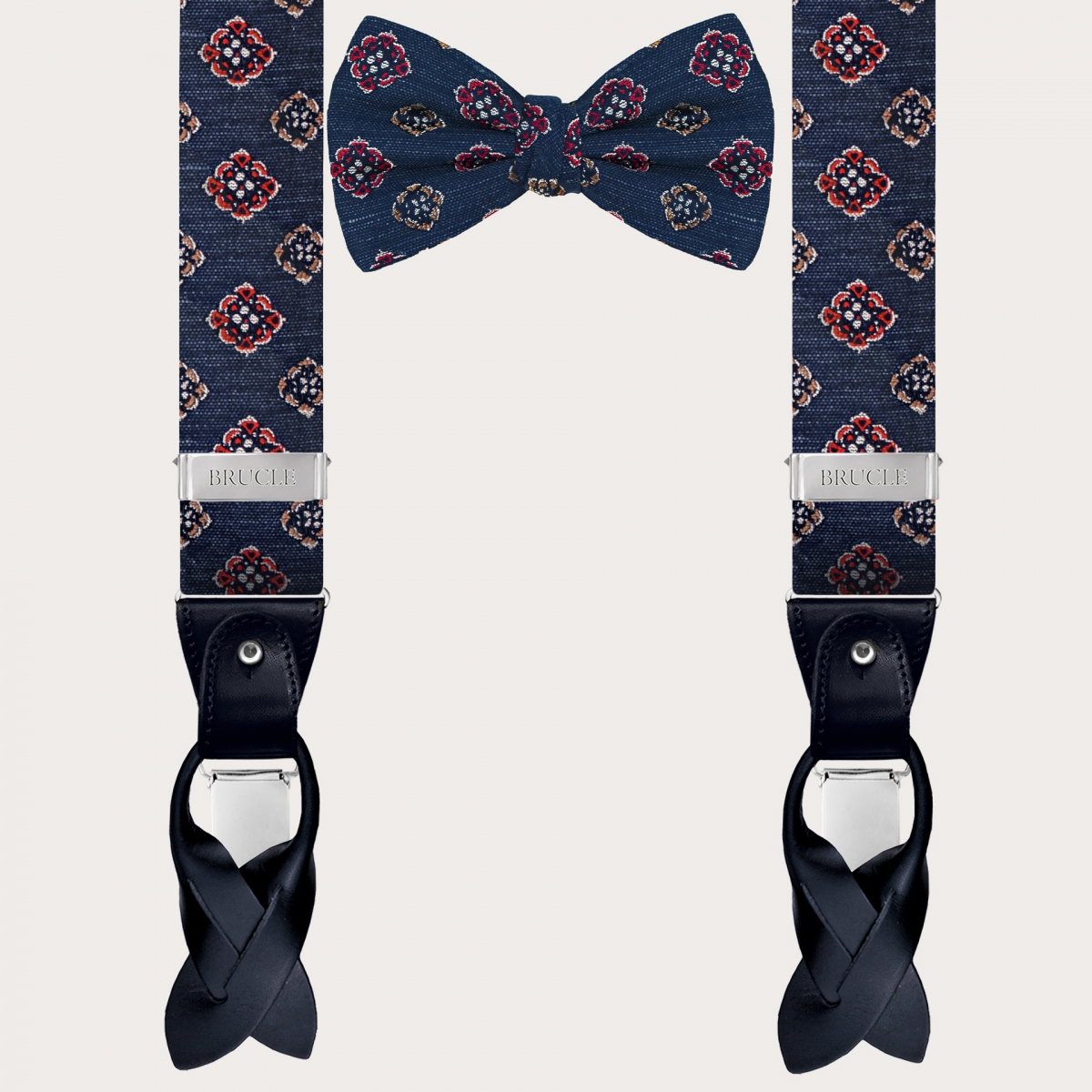 Abgestimmte Hosenträger und Krawatte mit geometrischen Blumen aus Seide und Baumwolle