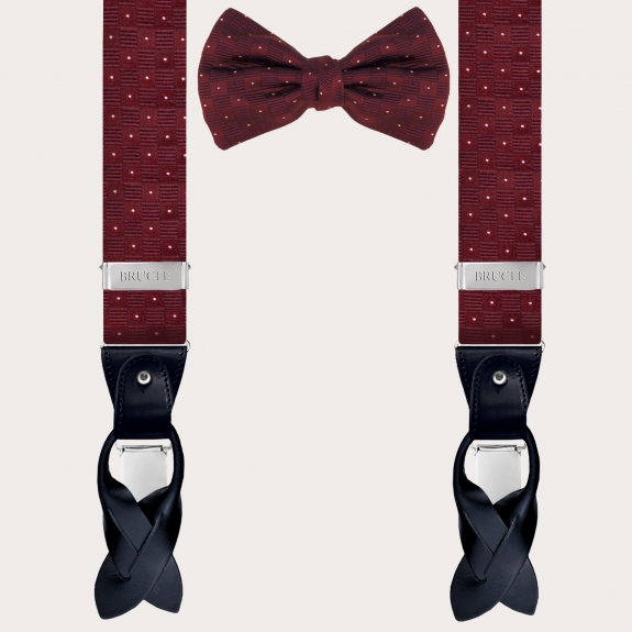 Coordinated suspenders and bowtie in silk, jacquard burgundy