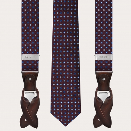 Bretelle e cravatta coordinate in seta e cotone fantasia floreale e geometrica bordeaux
