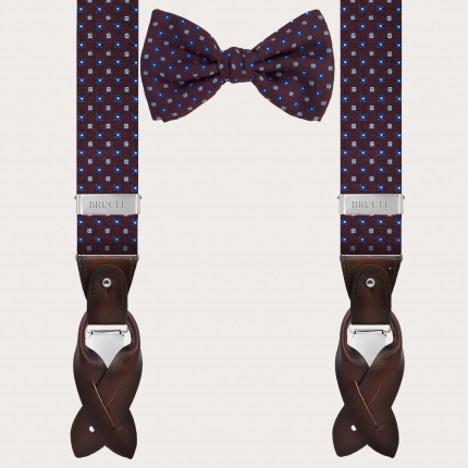 Coordinated suspenders and bowtie in silk and cotton, bordeaux floral pattern