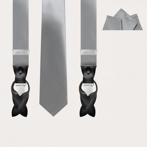 BRUCLE Set da cerimonia di bretelle, cravatta e pochette in raso di seta grigio