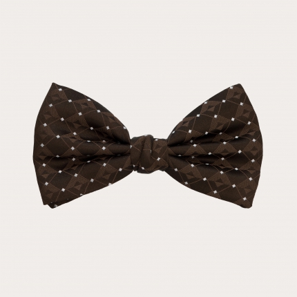 Refined bow tie with brown tone-on-tone geometric pattern and white dots