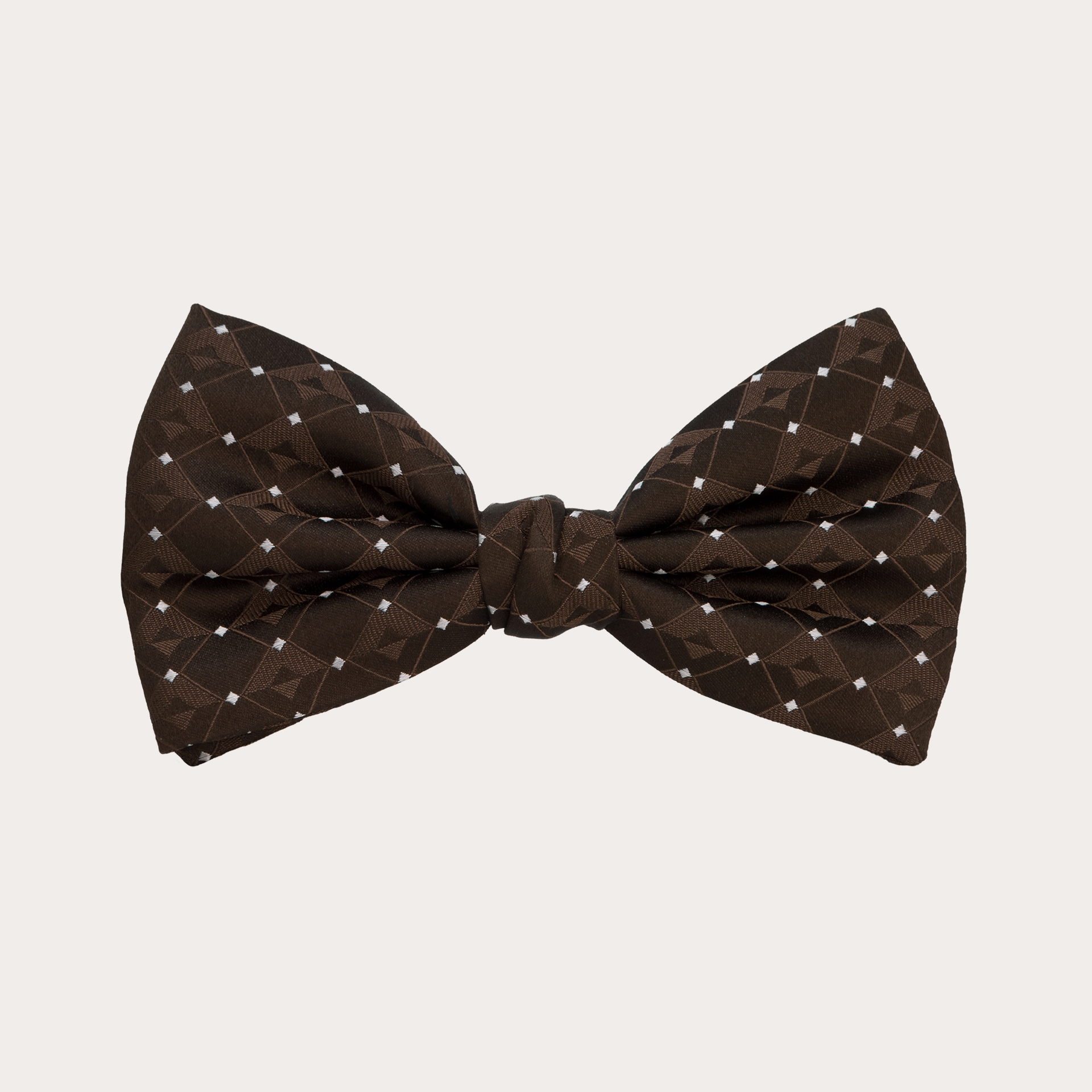 BRUCLE Refined white dots bow tie with brown tone-on-tone geometric pattern