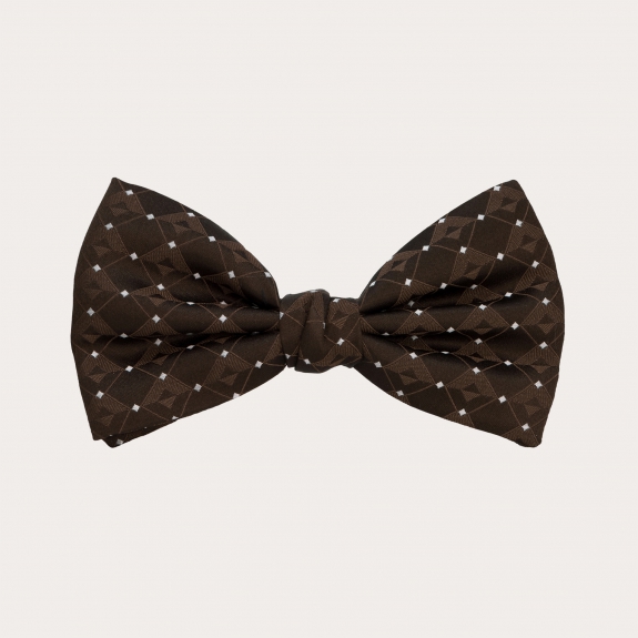 BRUCLE Refined white dots bow tie with brown tone-on-tone geometric pattern