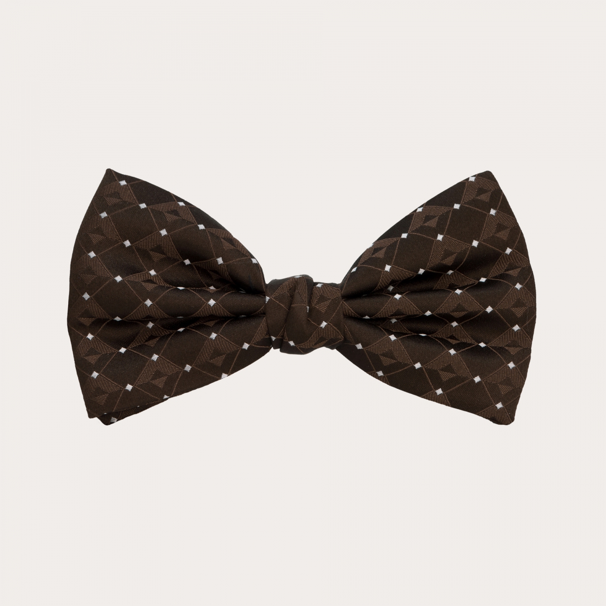 BRUCLE Refined white dots bow tie with brown tone-on-tone geometric pattern
