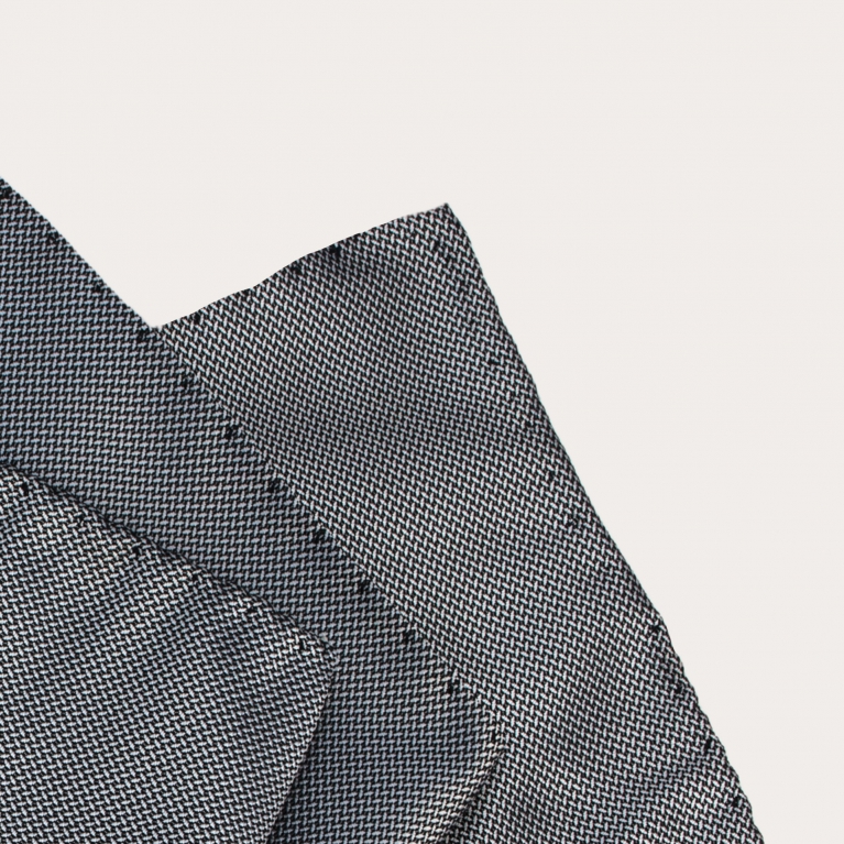 Elegant men's pocket square in jacquard silk with black and white micro-pattern