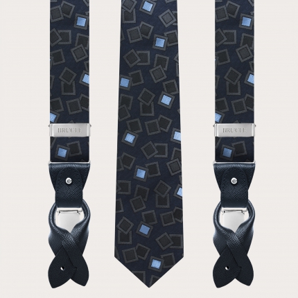 Tirantes y corbata coordinados en seda, azul marino con estampado antracita y celeste