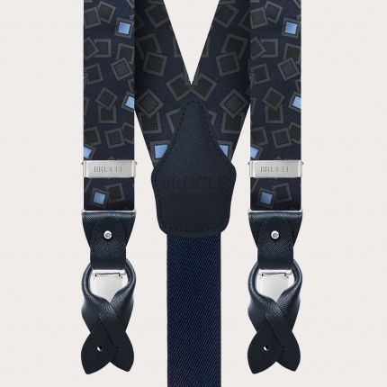 Coordinated suspenders and necktie in silk, navy blue with anthracite and light blue pattern